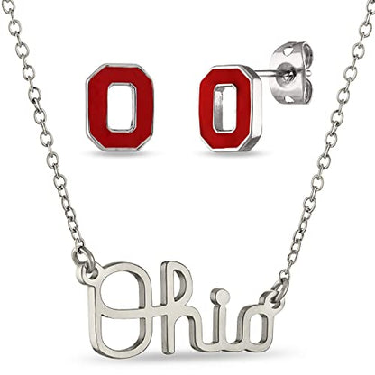 Ohio State Necklace and Earring Set - Dainty Block O Stud Earrings and Script Ohio Necklace Jewelry Set - Hypoallergenic Stainless Steel Jewelry for Women - Graduation Gifts and Ohio State Football Ac
