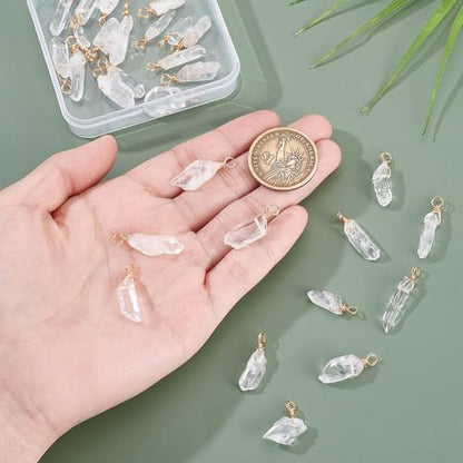 AHANDMAKER 30pcs Natural Quartz Crystal Pendant, 1 Inch Golden Copper Wire Wrapped Gemstone Charm Knotting Crystal Beads Column Drop for Earring Necklace Jewelry Making, Hole 2.8mm
