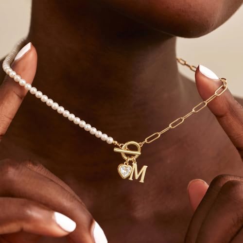 Initial Pearl Necklace for Women, 14K Gold Plated Paperclip Chain | Toggle Clasp, Heart CZ Initial Necklace,Gold Necklace for Women,Bridesmaid Wedding Gifts Jewelry - color: Gold-K