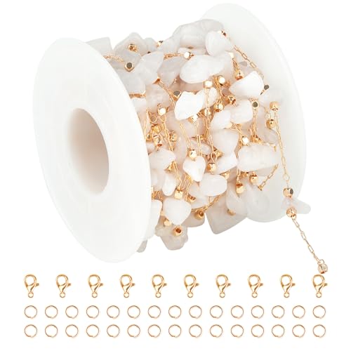 KYUNHOO Gold Plated Chain for Jewelry Making with Jump Rings Lobster Clasps | 16.4 Feet KC Gold Plated Brass Jewelry Chains White Handmade Raw Stone Chain Links on Roll for DIY Jewelry Crafts - color: Natural Stone-White