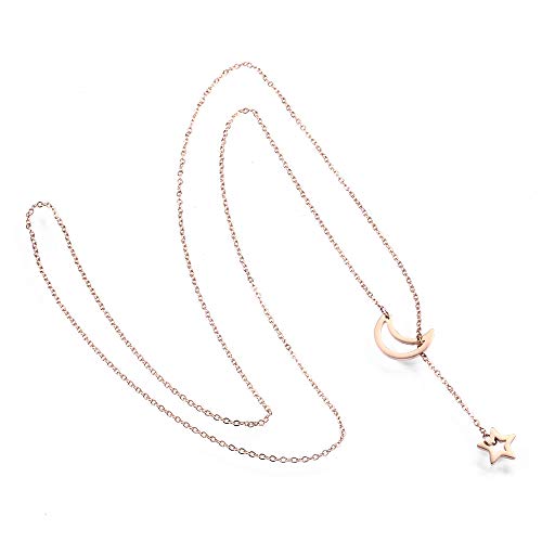 18K Gold Plated Stainless Steel Bee Honeycomb Pendant Necklace, Adjustable Y Lariat Conch/Guitar/Horseshoe Necklace for Women - color: Rose Gold, style: Moon Star