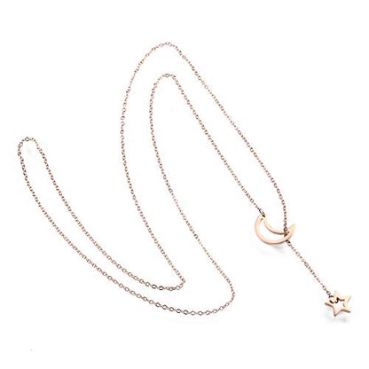 18K Gold Plated Stainless Steel Bee Honeycomb Pendant Necklace, Adjustable Y Lariat Conch/Guitar/Horseshoe Necklace for Women - color: Rose Gold, style: Moon Star