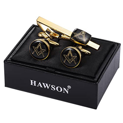 HAWSON Metal Cufflinks and Tie Clip Set for Men Novelty Cuff Links and Tie Bar Gifts for Wedding Level,Football, Musical Symbols Designs - color: Gold Masonic set