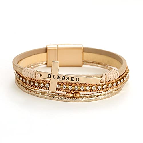 Bohemian Faux Leather Wrap Multi Layer Statement Bracelet Cross Christian Religious Leatherette Cuff Crystal Rhinestone Metallic Bead Inspirational Bracelets - color: I
