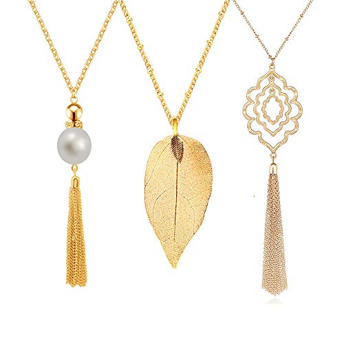 SEVENSTONE 3PCS Long Pendant Necklaces for Women Knot Disk Circle Tassel Statement Sweater Necklace Set - color: Gold-3P