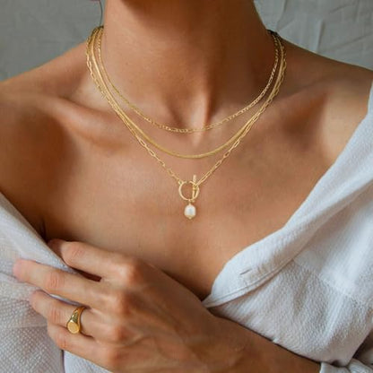 MFRYK Gold/Silver Necklaces Stack For Women,14K Gold/Sterling Silver Plated Simple Layered Choker Necklaces For Women,Stackable Multilayer Pearl Cross Disc Circle Pendant Cuban Herringbone Snake Paperclip Chain Necklaces Set Jewelry Gift for Women - style