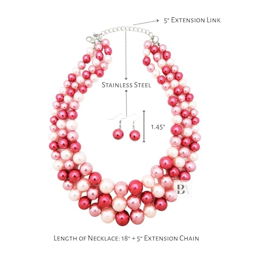 Simulated Pearl Necklace & Earring Set, Multi Strand - color: Pink Mix