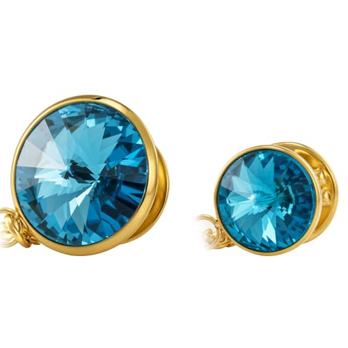 HAWSON Birthstone Brooch Pin for Men with Hanging Chain & Crystal, Mens Gold Tone Lapel Pin for Wedding/Birthday/Party Dress Suits Accessories - color: March Aquamarine