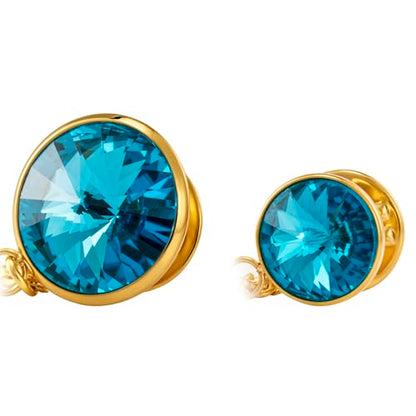 HAWSON Birthstone Brooch Pin for Men with Hanging Chain & Crystal, Mens Gold Tone Lapel Pin for Wedding/Birthday/Party Dress Suits Accessories - color: March Aquamarine