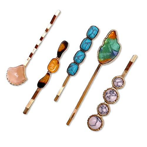 5PCS Vintage Inspired Mixed Stones Bobby Pins Decorative Hair Slides Clips Accessories Women - size: 5 Piece Assortment