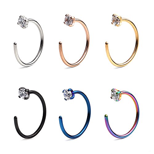 Ruifan 2.5mm Clear Diamond CZ Stainless Steel Body Jewelry Piercing Earrings Nose Hoop Ring Unisex 20 Gauge 8mm 10mm - style: 6PCS - 5/16"(8mm)