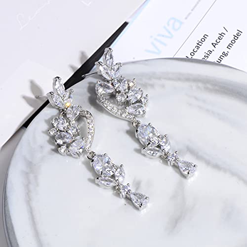 CZ Bridal Earrings for Wedding - 14k Plated Sterling Silver Elegant Teardrop Cubic Zirconia Crystal Rhinestone Floarl Leaf Cluster Chandelier Statement Dangle Drop Earrings for Bride Bridesmaids Party - color: Floral - Silver