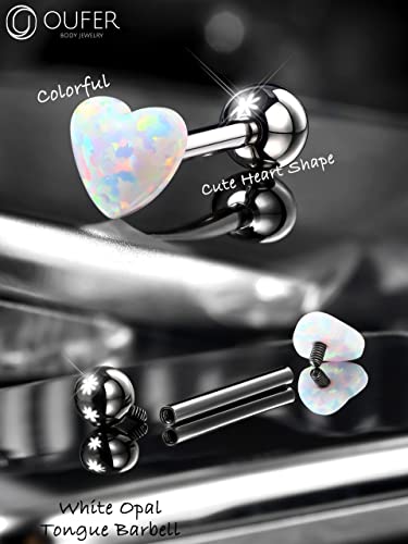 OUFER Titanium Tongue Rings - Heart Piercing Jewelry with White Opal