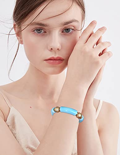 LALAPPLE Gold Plated Beaded Acrylic Bamboo Tube Bangle Bracelets for Women, Colorful Chunky Curved Tube With Gold Plated Pieces Beads Stretch Bracelet Friendship Summer Beach Jewelry - color: C-Sky Blue