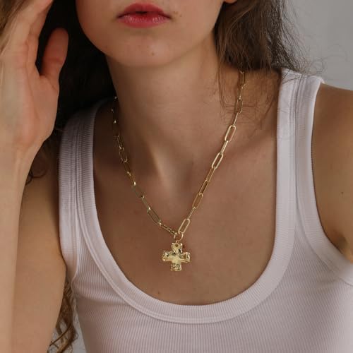 Chunky Cross Necklace for Women Trendy 14K Gold Silver Plated Statement Big Cross Pendant Paperclip Chain Charm Necklaces Religious Faith Easter Basket Stuffers Baptism Costume Jewelry Gift - color: Gold-Lobster Clasp-1 inch pendant