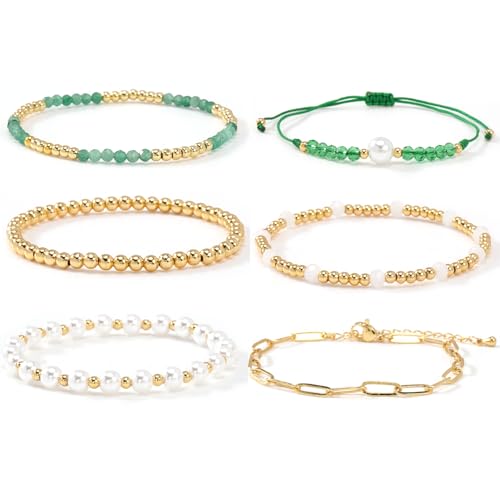 5Pcs Stack Gold Plated Ball Beaded Bracelets Set for Women, Boho Handmade Colorful Glass Pearl Stretch Accessories Jewelry, Summer Beach Daily Wear Holiday Friendship Gift - color: Green Gold