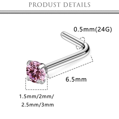 Hoeudjo Hypoallergenic Nose Rings Studs 24G Surgical Stainless Steel Cubic Zirconia Nose Studs for Women Men Screw & Bone & L Shaped Nostril Piercing Jewelry with 1.5mm 2mm 2.5mm 3mm CZ - color: silvertone(pink CZ),L-shaped nose studs