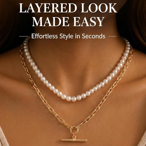 Layered Necklaces for Women Pearl Necklace Stack Gold T Bar Necklace Set Dainty Heart Pendant Jewelry Trendy 2026 Fashion Accessories Gifts - color: A8:2pcs-gold-8mm