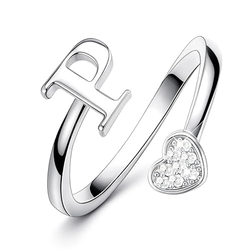 Lunvky Birthday Gifts Silver Initial Rings for Women Teen Girl Kids Trendy Stuff Dainty 14K Gold Plated Adjustable Heart Letter Thumb Rings Pinky Cute Jewelry Personalized Gift - color: Silver, size: Initial-P