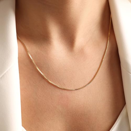 14K Gold Plated Chain Necklace for Women Trendy - 925 Sterling Silver Clasp | Waterproof Dainty Choker Necklace, 14/16/18/20 inch Thin Simple Box Figaro Chain Herringbone Necklace Jewelry for Women Men - color: Box