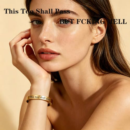 This Too Shall Pass But F*cking Hell Mantra Cuff Bracelets, Stainless Steel Inspirational Cuff Bracelets with Hidden Message Engraved Bracelet Open Adjustable Self-Reminder Bangle Motivational Jewelry for Women - color: Gold