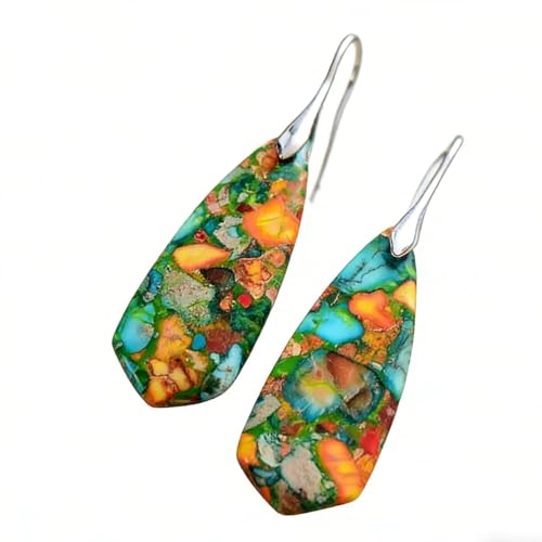 Boho Natural Imperial Jasper Teardrop Dangle Earrings for Women – Hypoallergenic French Hook Stone Drop Earrings Jewelry - color: Colorful Silvery Hook