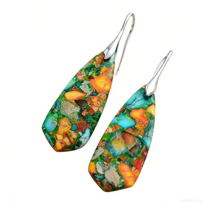 Boho Natural Imperial Jasper Teardrop Dangle Earrings for Women – Hypoallergenic French Hook Stone Drop Earrings Jewelry - color: Colorful Silvery Hook
