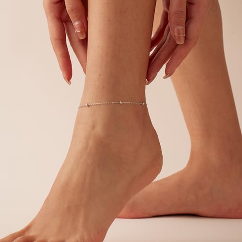 NONAMOIS Ankle Bracelets for Women Dainty 18K Gold Plated Anklet Waterproof Round Beaded Paperclip Herringbone Pearl Chain Anklets Waterproof Beach Foot Jewelry - color: Beaded-White Gold