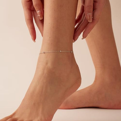 NONAMOIS Ankle Bracelets for Women Dainty 18K Gold Plated Anklet Waterproof Round Beaded Paperclip Herringbone Pearl Chain Anklets Waterproof Beach Foot Jewelry - color: Beaded-White Gold