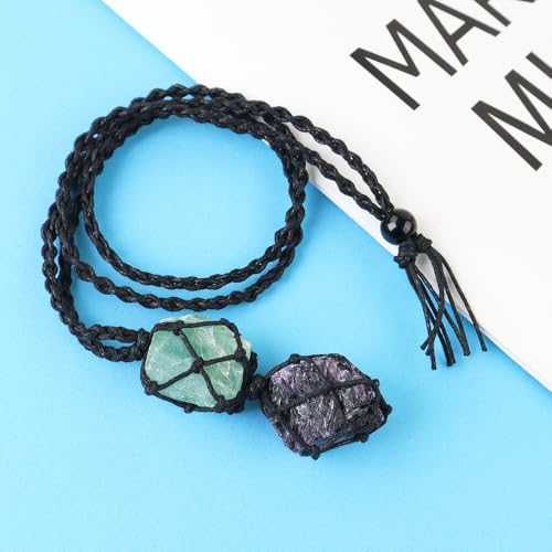 Anjiucc Handmade Crystal Cage Holder with Raw Gemstone Pendant Necklace Natural Stone Healing Crystal Necklace Adjustable Length - color: Purple Fluorite+Green Fluorite