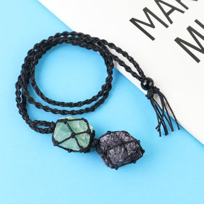 Anjiucc Handmade Crystal Cage Holder with Raw Gemstone Pendant Necklace Natural Stone Healing Crystal Necklace Adjustable Length - color: Purple Fluorite+Green Fluorite