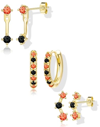 3 Pairs Dainty Small Earrings Set for Women Trendy, Birthstone Stud Huggie Hoop Jacket Stack for Cartilage Helix, Gold Plated Hypoallergenic Cute Women Fashion Accessories Western Jewelry Gifts - color: Halloween Earrings(Gold Orange Black)