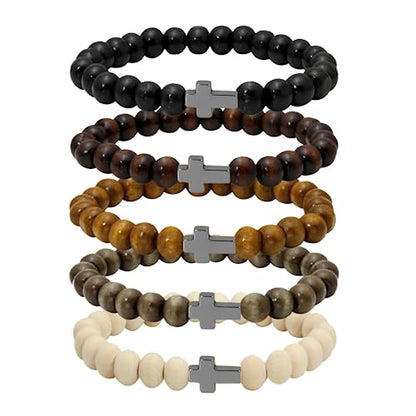 8mm Cross Beads Wooden Bracelet for Men Women Healing Lava Rock Stretch Bracelets Set - color: A: Cross Bracelet Wooden