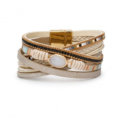 Vercret Leather Wrap Bracelet for Women, Multi-Layer Cuff Bangle | Boho Stacked Bracelets with Safe Clasp Western Bangle Jewelry Gift for Lady and Mom Sister Friend - style: Khaki