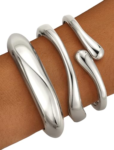 Chunky Gold Bangle Bracelets for Women – 14k Gold Plated | Cuff Bangles, Stackable Bracelet Set, Wide Trendy Fashion, Jewelry Gift - color: 01-Silver-3pcs