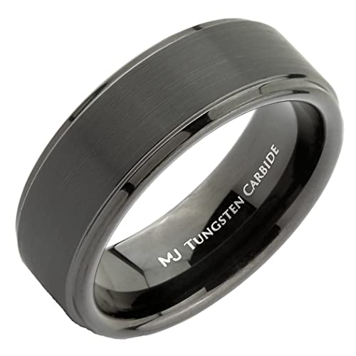 Tungsten Carbide Wedding Bands That Feature Different Finishes and Edge Colors - color: Black/Brushed-8mm