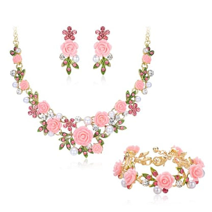 EVER FAITH Costume Jewelry Crystal Simulated Pearl Rose Flower Leaf Prom Party Statement Necklace Earrings Bracelet Set for Women - color: Pink Gold-Tone