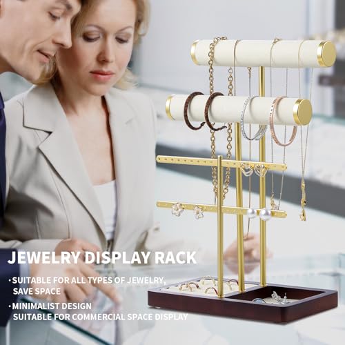 modern T-shaped jewelry rack, jewelry tower, gold metal, square ceramic base decoration display tower, necklace, bracelet, ring storage rack (2-layer beige velvet) - style: 2-layer beige velvet