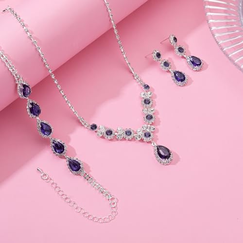 Paxuan Silver/Gold Rhinestone Crystal Wedding Bridal Bridesmaids Earrings Bracelet Set for Women Brides Bridesmaids Crystal Rhinestone Bracelet Earrings Set for Wedding Bridal Prom Pageant - color: Purple