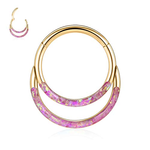 GAGABODY Septum Jewelry 16 Gauge Earrings Double Hoop Daith Earring Surgical Steel Hinged Nose Rings Nose Hoop Helix Tragus Rook Piercing - color: Style6:1pc Gold+Purple Opal Double Hoop