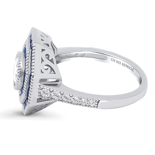 BERRICLE Sterling Silver CZ Art Deco Statement Cocktail Ring for Women, Sapphire-Blue Cubic Zirconia - Navette, Octagon, Oval Designs - style: Octagon