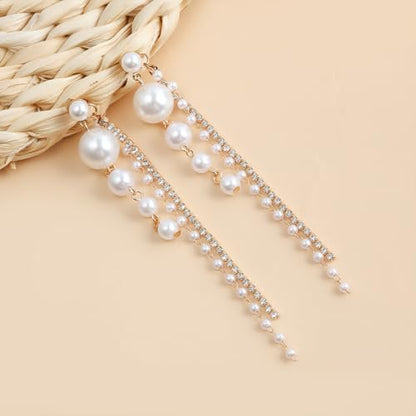 Statement Beaded Pearl Drop Dangle Earrings for Women, Charm Crystal Pearls Zircon Long Tassel Stud Earring Dangling Exquisite Prom Party Jewelry Gifts