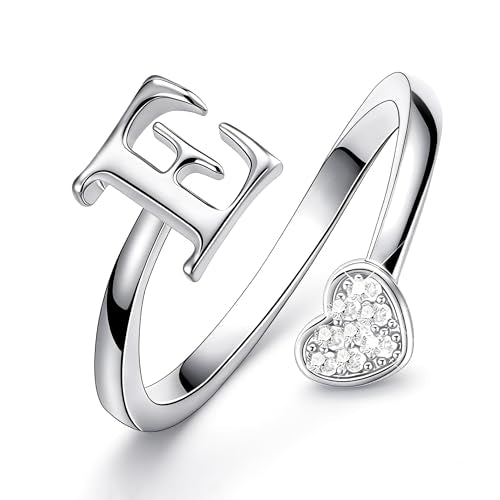 Lunvky Birthday Gifts Silver Initial Rings for Women Teen Girl Kids Trendy Stuff Dainty 14K Gold Plated Adjustable Heart Letter Thumb Rings Pinky Cute Jewelry Personalized Gift - color: Silver, size: Initial-E
