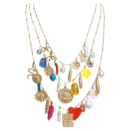 Vintage 3-Layered Pendant Charm Necklace for Women, Bohemian Ethnic Triple Layer Stackable Chain Necklace, Unique Statement Jewelry for Party Gift - color: Snake Pepper Flower - Bohemia