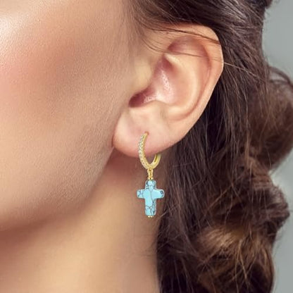 925 Sterling Silver Dangle Whale Shark Butterfly Bow Earrings for Women | Hypoallergenic Huggie Hoop Drop Cross Earrings for Sensitive Ears, Cubic Zirconia Statement Trendy Jewelry Birthday Gifts - color: Turquoise Cross Earring