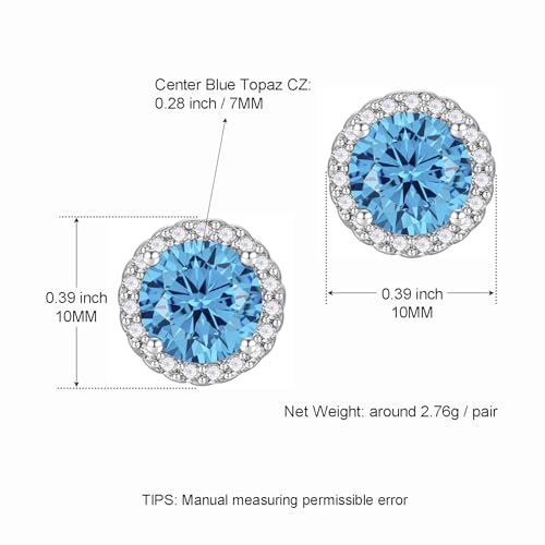 YOMELA Round Cubic Zirconia Stud Earrings for Women | Everyday Dainty, Diamond-Like Brilliance, CZ Halo Birthstone Studs, Hypoallergenic & Lightweight, Elegant & Versatile - color: Topaz Blue