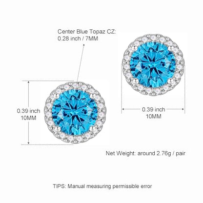 YOMELA Round Cubic Zirconia Stud Earrings for Women | Everyday Dainty, Diamond-Like Brilliance, CZ Halo Birthstone Studs, Hypoallergenic & Lightweight, Elegant & Versatile - color: Topaz Blue