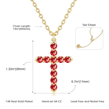 Cross Necklace for Women, Silver Cross Pendant Necklaces | 14K Gold Plated, Dainty CZ Cross Necklace, Non Tarnish and Hypoallergenic Jewelry for Women, Christian Religious Faith Gifts - color: 03-Gold-Red
