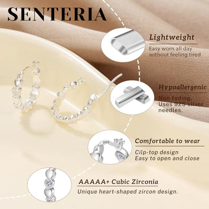 Senteria 925 Sterling Silver Post Hoop Earrings Hypoallergenic Small Heart Hoop Earrings with AAA+Cubic Zirconia Twisted Huggie Hoops Earring for Women 15MM/20MM - color: silver-20mm