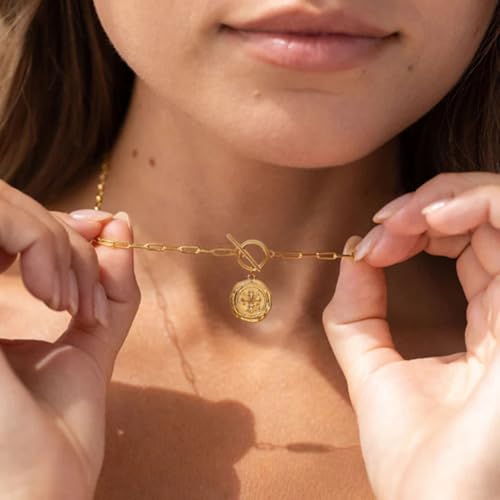 SOFYBJA Saint Benedict Necklace Drop 18K Gold Toggle Medallion Coin Cross Pendant Necklaces Religious Jewelry Catholic Gift for Women - color: Gold Iris